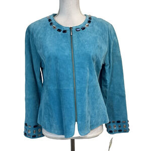 Karen Arnold Jacket Blazer size Large Aqua Agean Green Suede Leather Blue Jewels